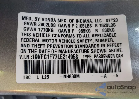 2020 Honda Civic Ex-L from USA, damaged, VIN 19XFC1F77LE214958